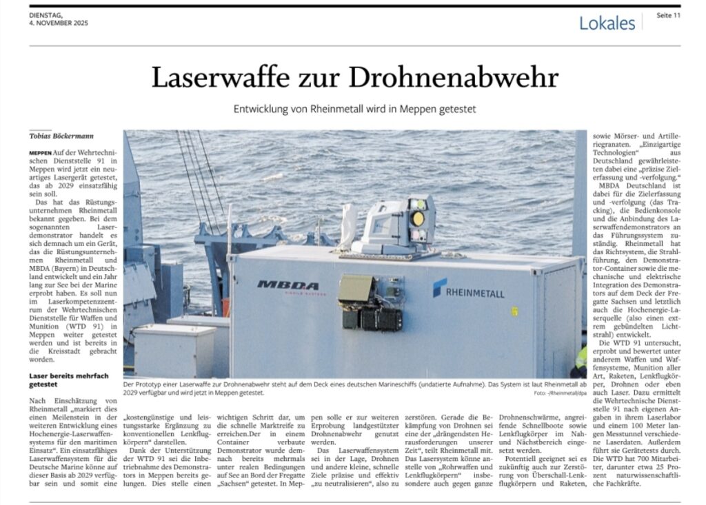 Laserwaffe zur Drohnenabwehr bei der WTD 91 erproben ist priorisietes Erprobungs-Projekt