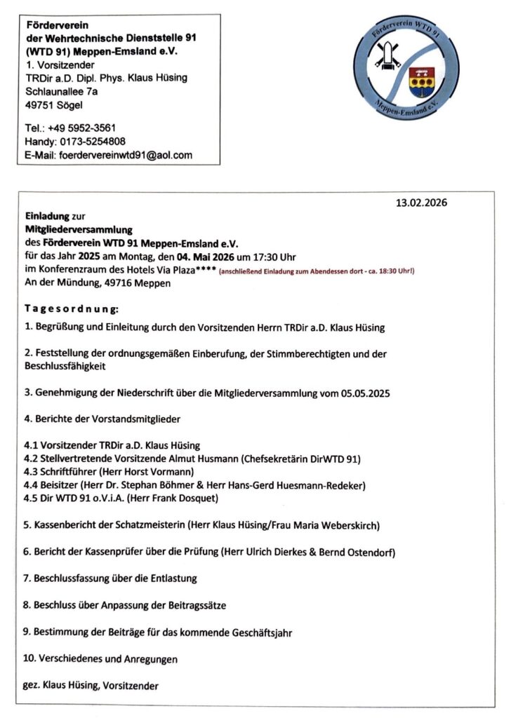 Einladung Jahresveersammlung Förderverein WTD 91 Meppen-Emsland e.V. 2026